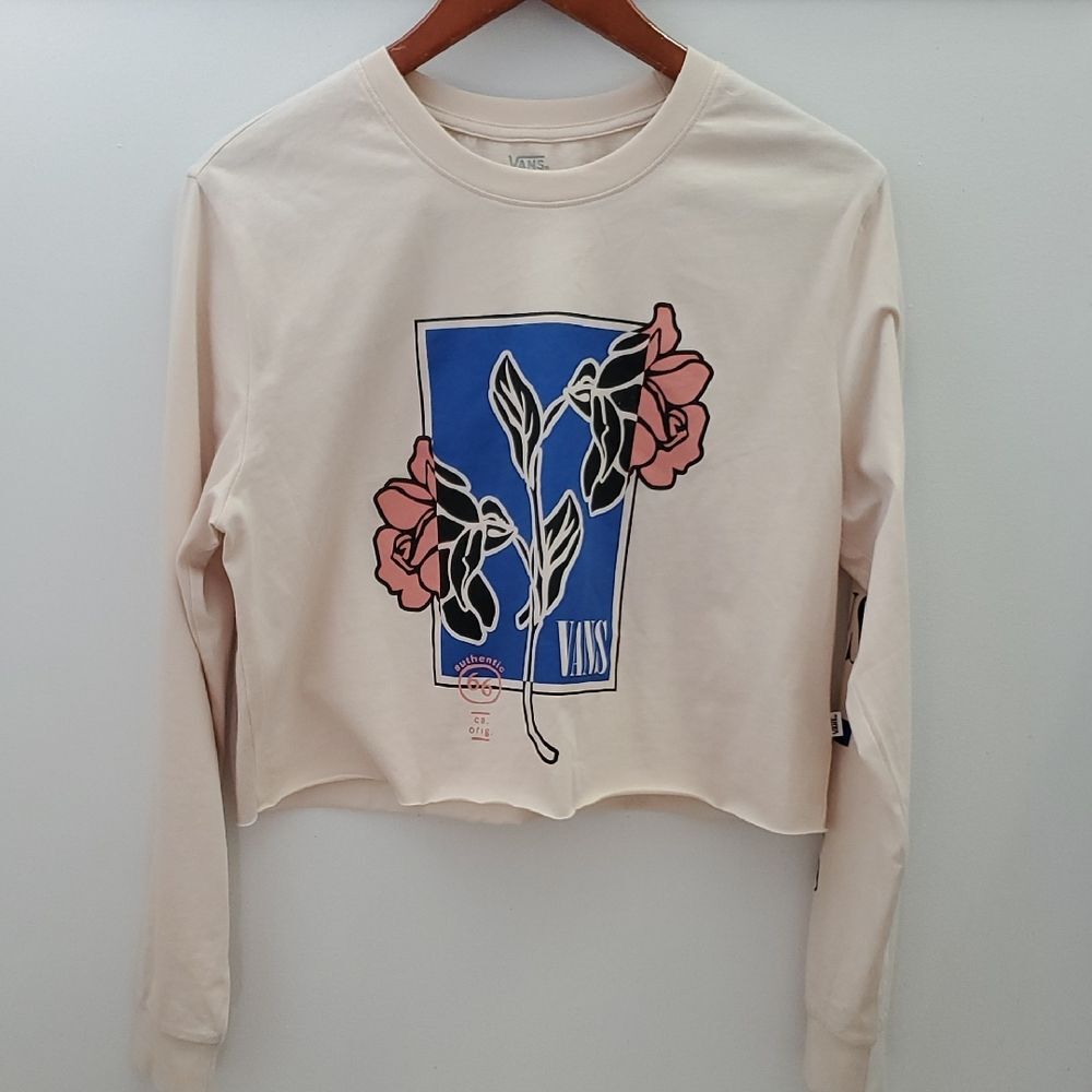 Vans Graphic Long Sleeve Raw Cut Hem Top Cream Size Medium
